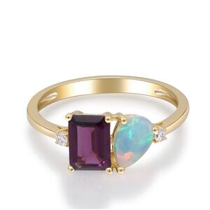 Opal, Rhodolite and Diamond Accent Toi et Moi Ring in 10K Yellow Gold